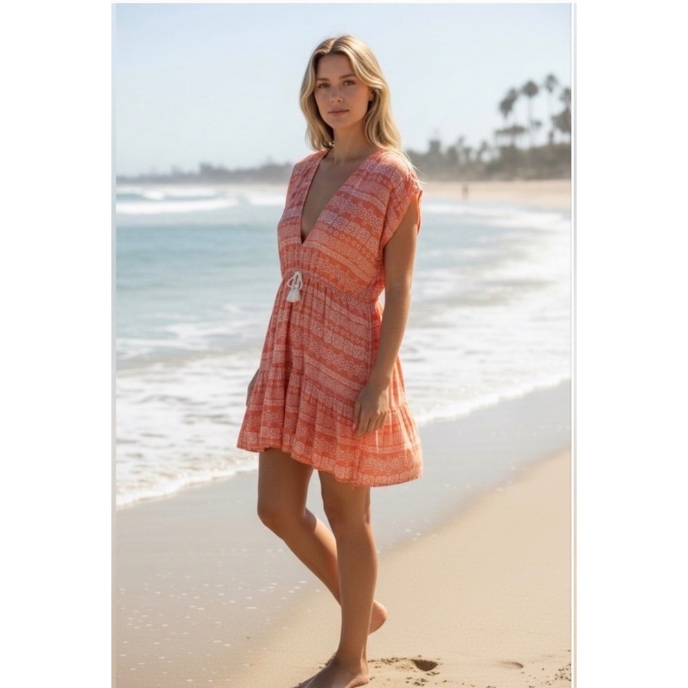 Robin Piccone Isla Print Coral Orange Rayon Cover Up Dress Medium 210321